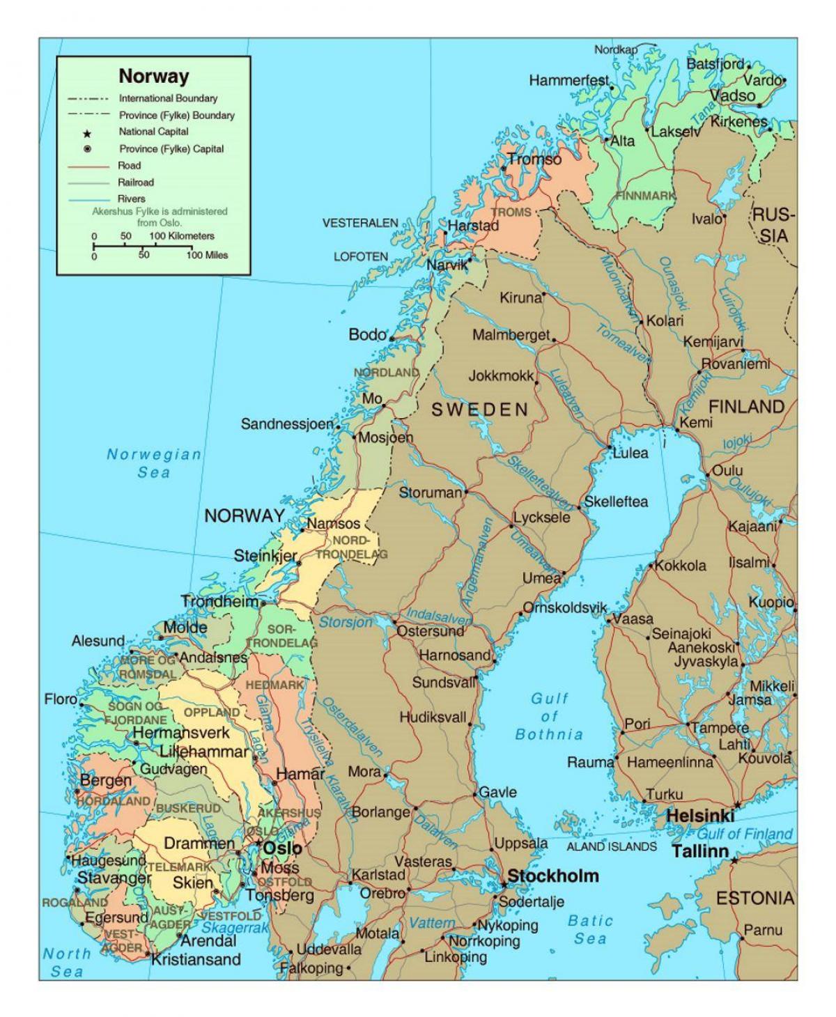 Mapa samochodowa Norwegii z miastami