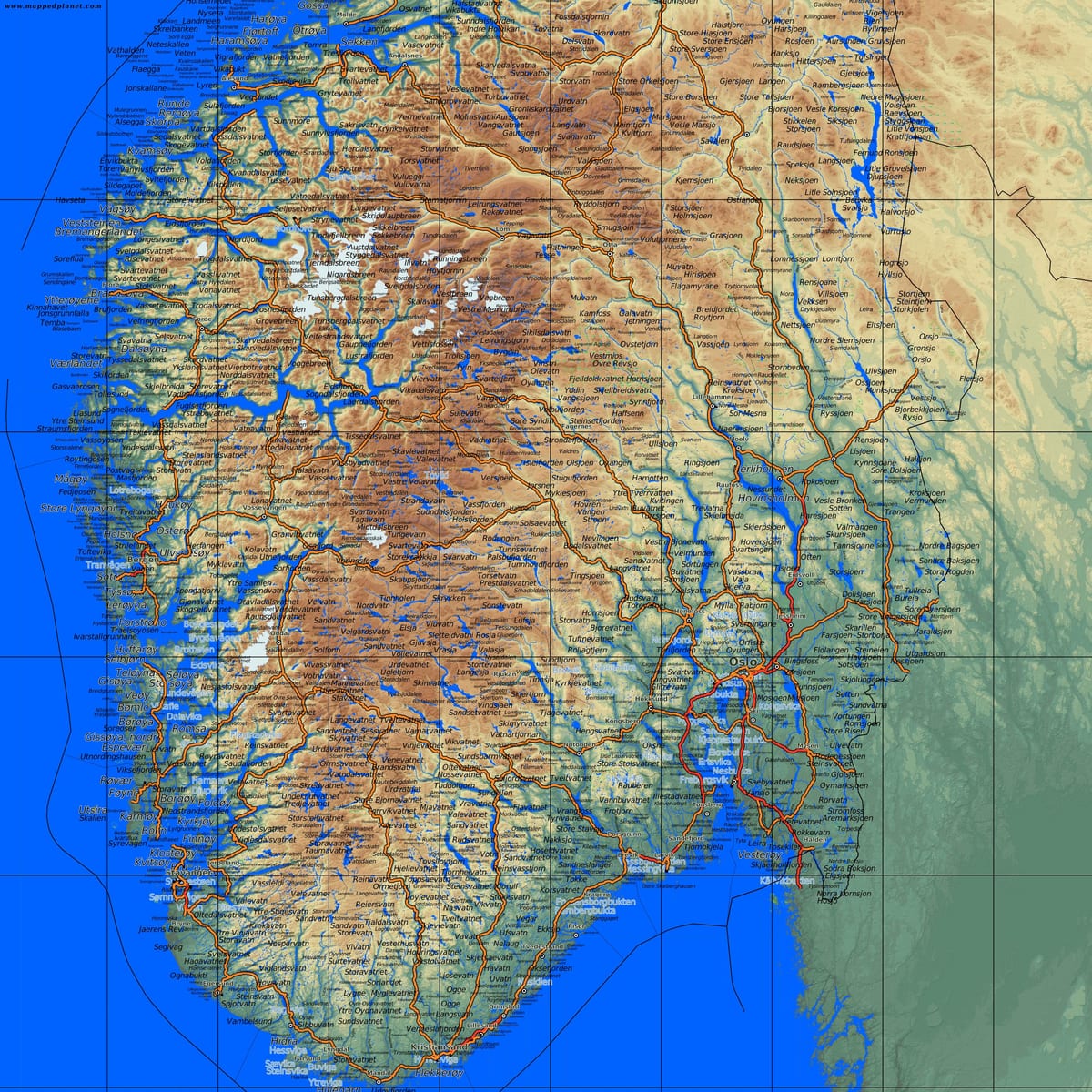 szczegółowa mapa południowej części Norwegii