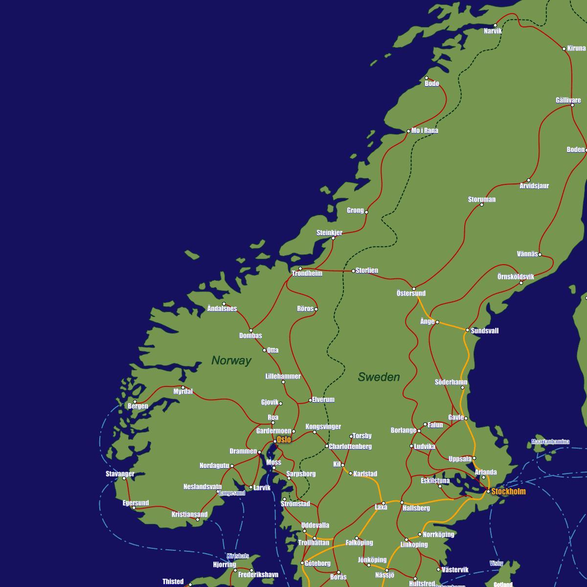 Mapa tras kolejowych w Norwegii 