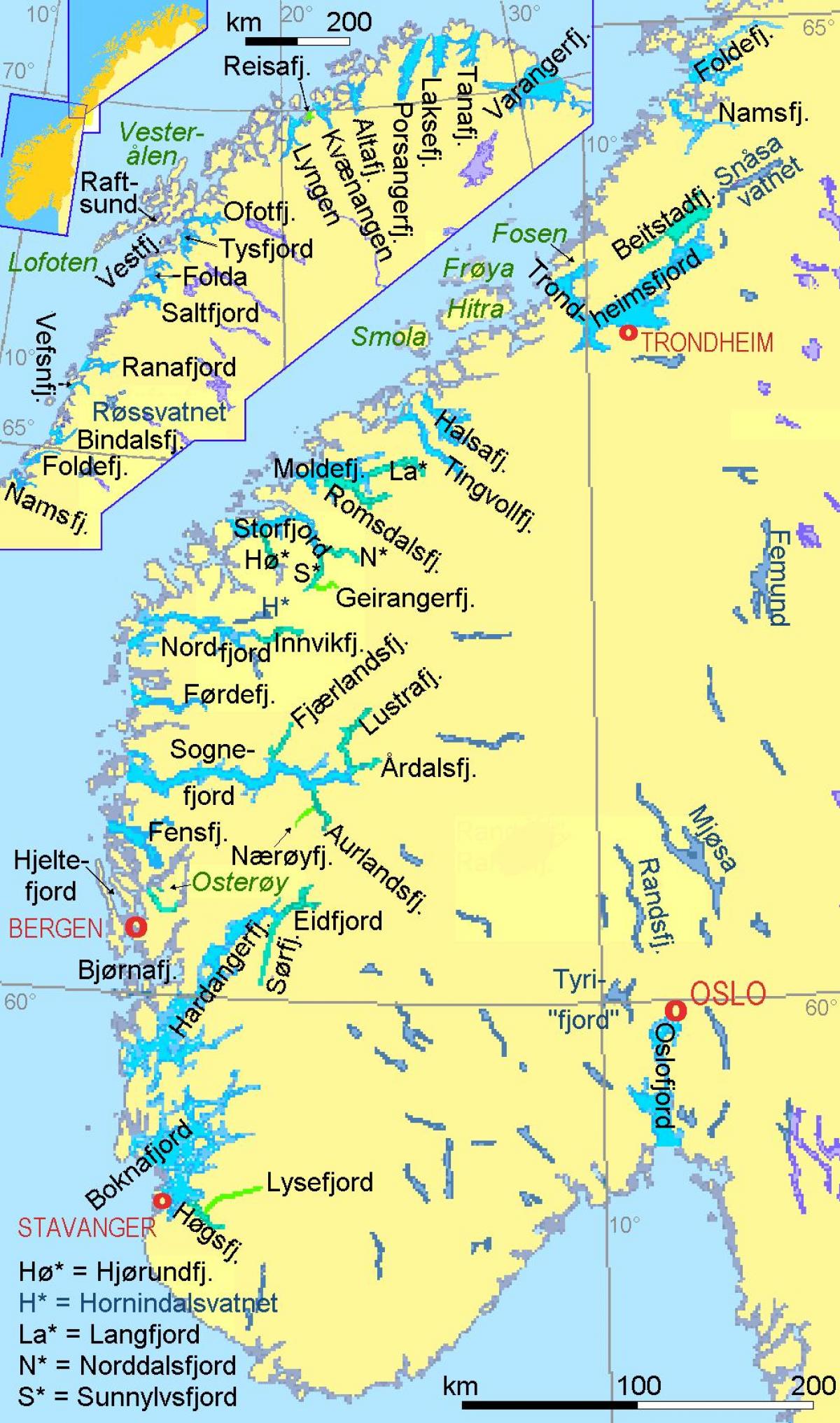 mapa Norwegii pokazuje fiordy