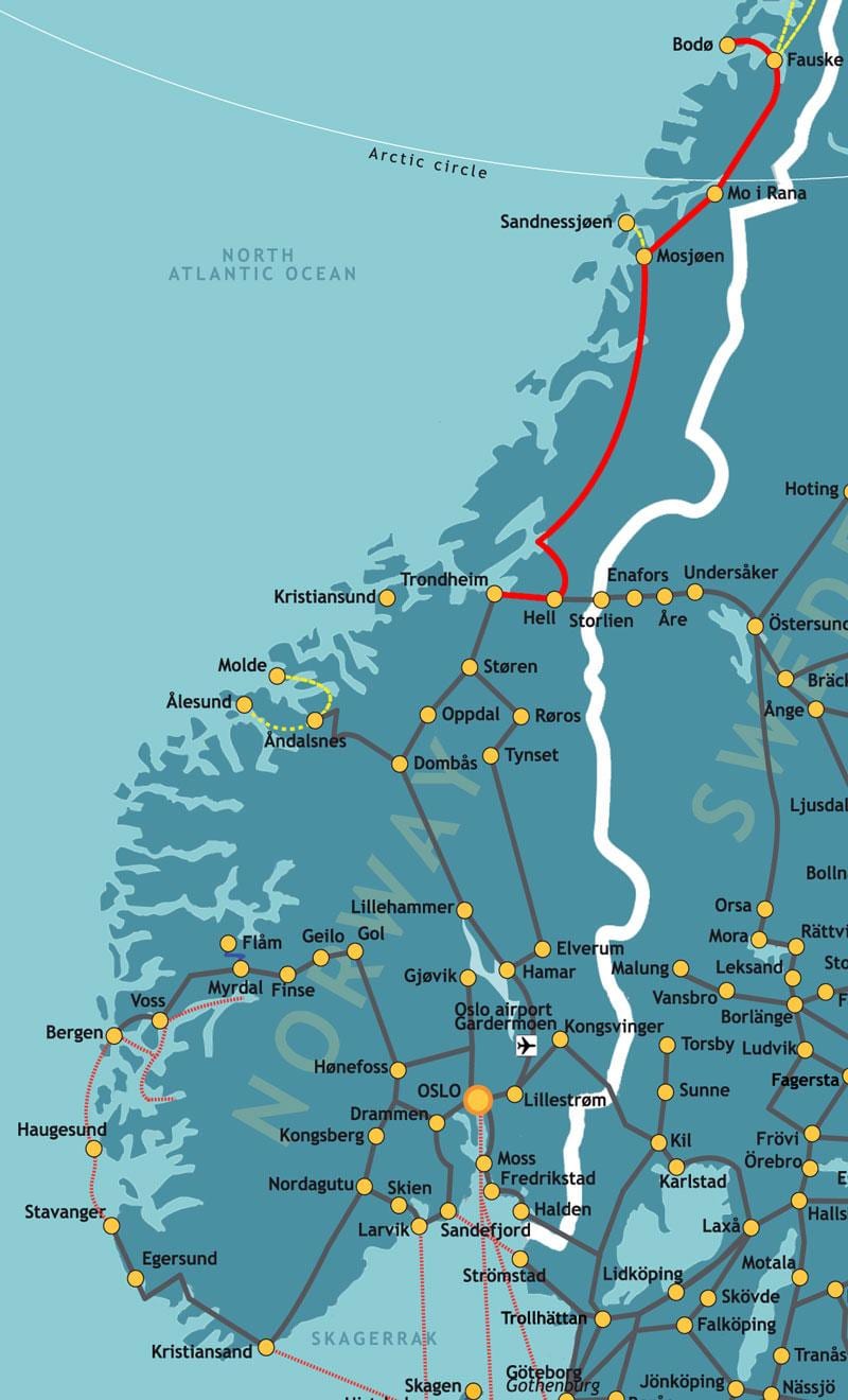 Mapa Norwegii Północnej kolei