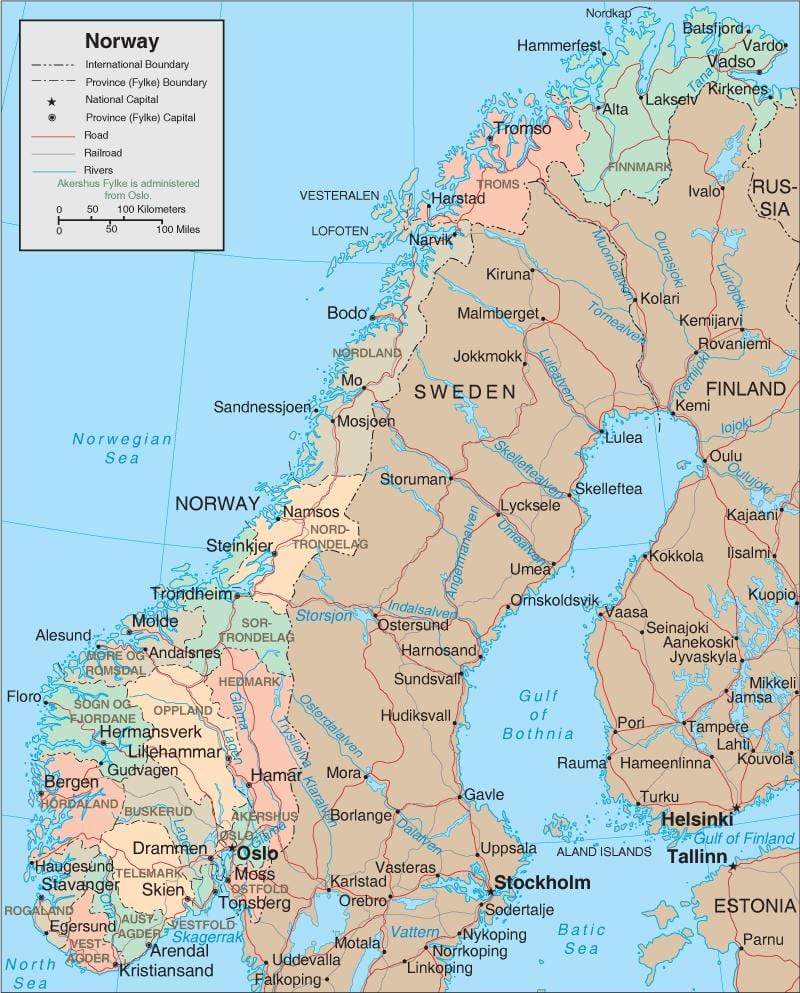 Prowincji Norwegii na mapie
