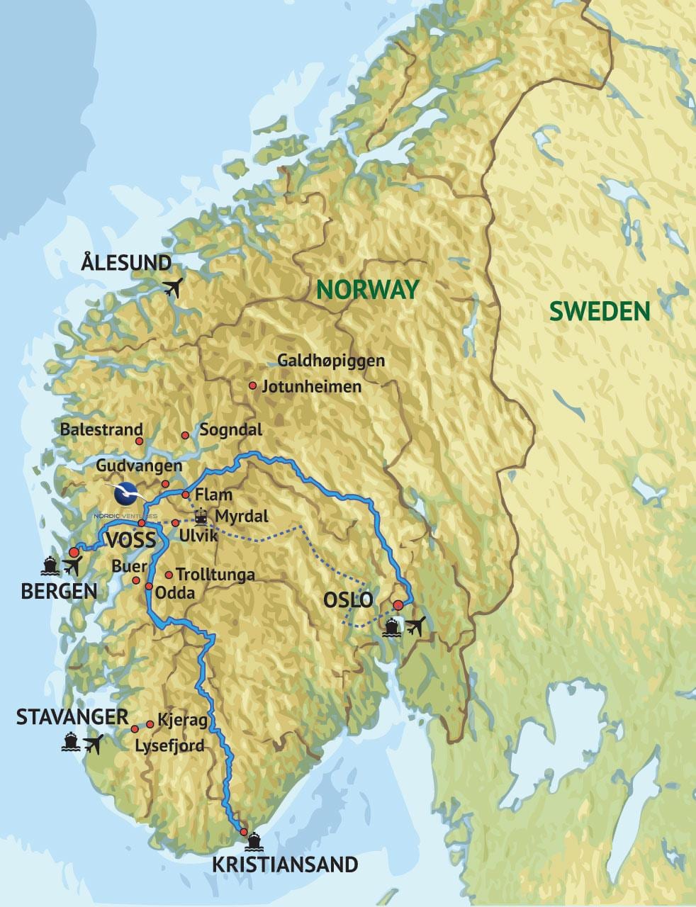 Mapa południowo-zachodniej Norwegii
