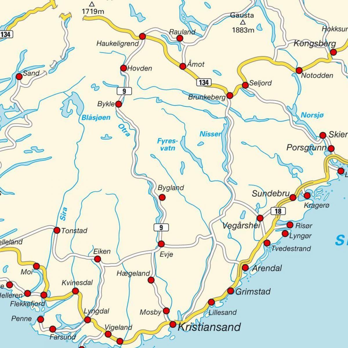 Mapa Południowej Norwegii