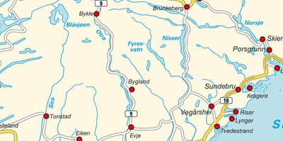 Mapa Południowej Norwegii